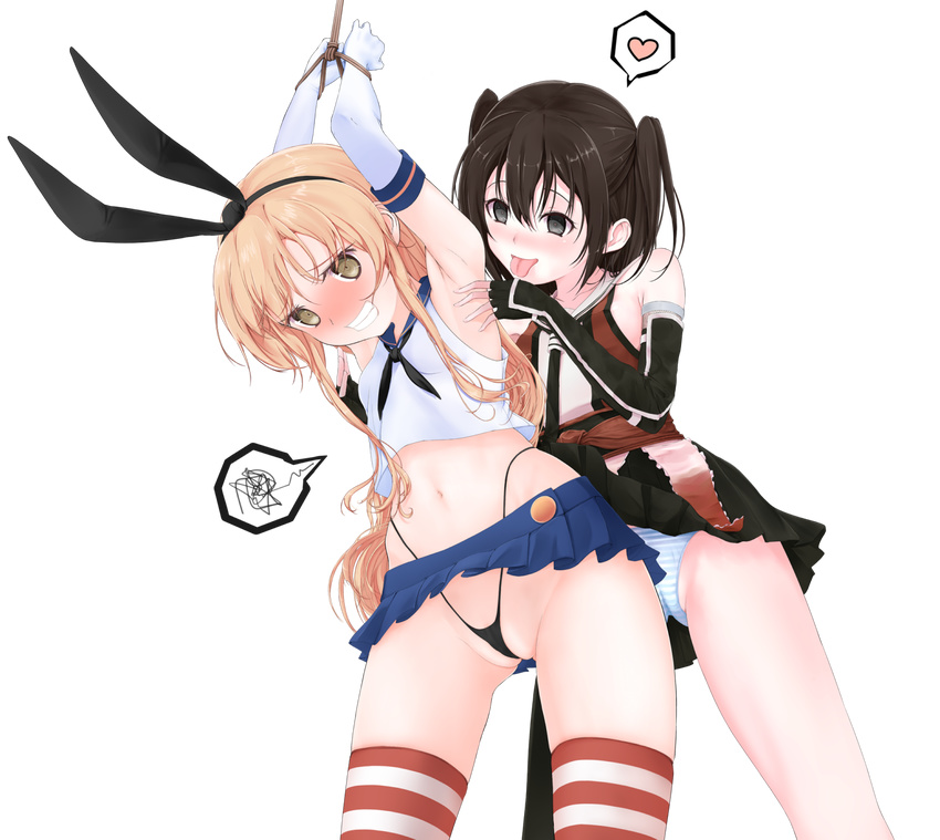 anchor_hair_ornament armpits arms_behind_head bad_id bad_pixiv_id bdsm black_eyes black_gloves black_hair black_neckwear black_panties blonde_hair blush bondage bound bound_wrists breasts clenched_teeth cowboy_shot crop_top elbow_gloves gloves hair_ornament heart highleg highleg_panties highres kantai_collection leaning_forward looking_at_another looking_at_viewer microskirt midriff mikanmelon multiple_girls navel neckerchief panties partially_visible_vulva pleated_skirt restrained sailor_collar sendai_(kantai_collection) shimakaze_(kantai_collection) skirt small_breasts spoken_heart spoken_squiggle squiggle striped striped_legwear striped_panties teeth thighhighs thong tongue tongue_out transparent_background twintails underwear wedgie white_gloves yellow_eyes yuri
