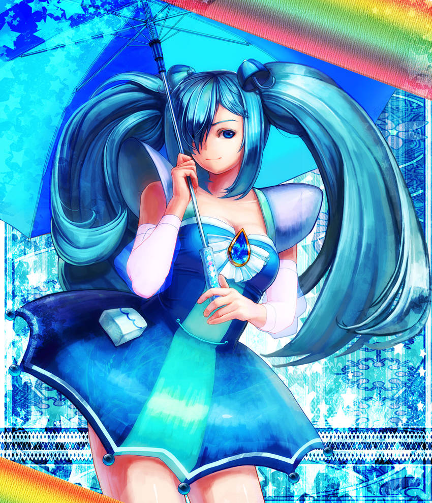 amaya_shizuku_(azarashi) blue blue_background blue_eyes blue_hair blue_skirt blue_umbrella borrowed_character brooch cure_rainy_(azarashi) hair_over_one_eye highres jewelry long_hair magical_girl mochisoldier original precure rainbow shoulder_pads skirt smile solo twintails umbrella