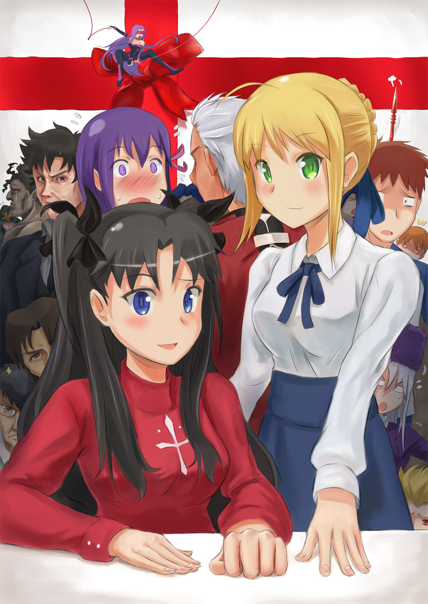 archer artoria_pendragon_(all) assassin_(fate/stay_night) berserker blonde_hair blue_eyes caster emiya_kiritsugu emiya_shirou fate/stay_night fate_(series) fujimura_taiga gilgamesh green_eyes hair_ribbon highres illyasviel_von_einzbern kotomine_kirei kuzuki_souichirou lancer long_hair matou_sakura matou_shinji multiple_boys multiple_girls ribbon rider saber tauke thighhighs toosaka_rin