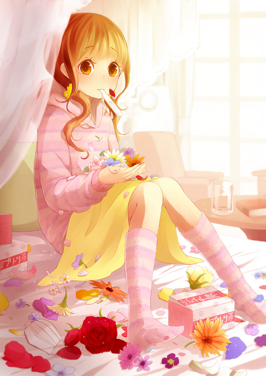 ahira_yuzu bed brown_eyes brown_hair flower highres hood hood_down hoodie original short_hair sitting socks solo surgical_mask thermometer