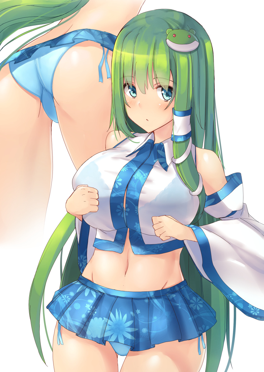 1girl absurdres ass back bare_shoulders blue_bra blue_eyes blue_panties blue_skirt blush bra breasts collared_shirt commentary_request cowboy_shot crop_top detached_sleeves floral_print frog_hair_ornament gluteal_fold green_hair groin hair_ornament hair_tubes highres kochiya_sanae large_breasts liya long_hair long_sleeves looking_at_viewer microskirt midriff navel panties parted_lips pleated_skirt see-through shirt side-tie_panties simple_background skirt snake_hair_ornament solo standing stomach thigh_gap touhou underwear very_long_hair white_background white_shirt wide_sleeves