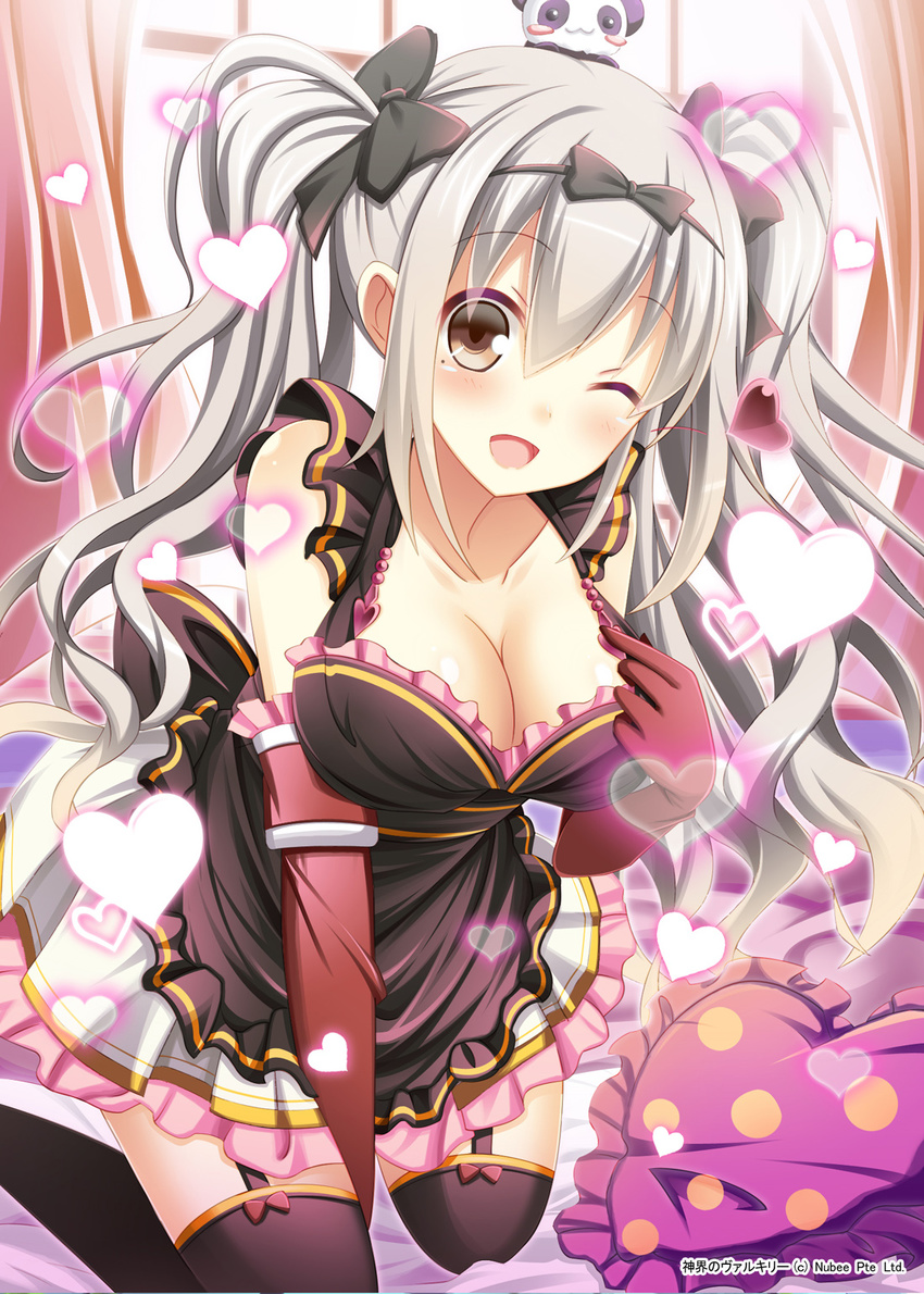 ;d animal animal_on_head apron bed black_legwear blush_stickers bow breasts brown_eyes cleavage downblouse eros_(shinkai_no_valkyrie) garter_straps grey_hair hair_bow heart heart_pillow highres kneeling large_breasts leaning_forward looking_at_viewer on_head one_eye_closed open_mouth pillow shinkai_no_valkyrie skirt smile solo teasing thighhighs twintails undressing usaginezumi