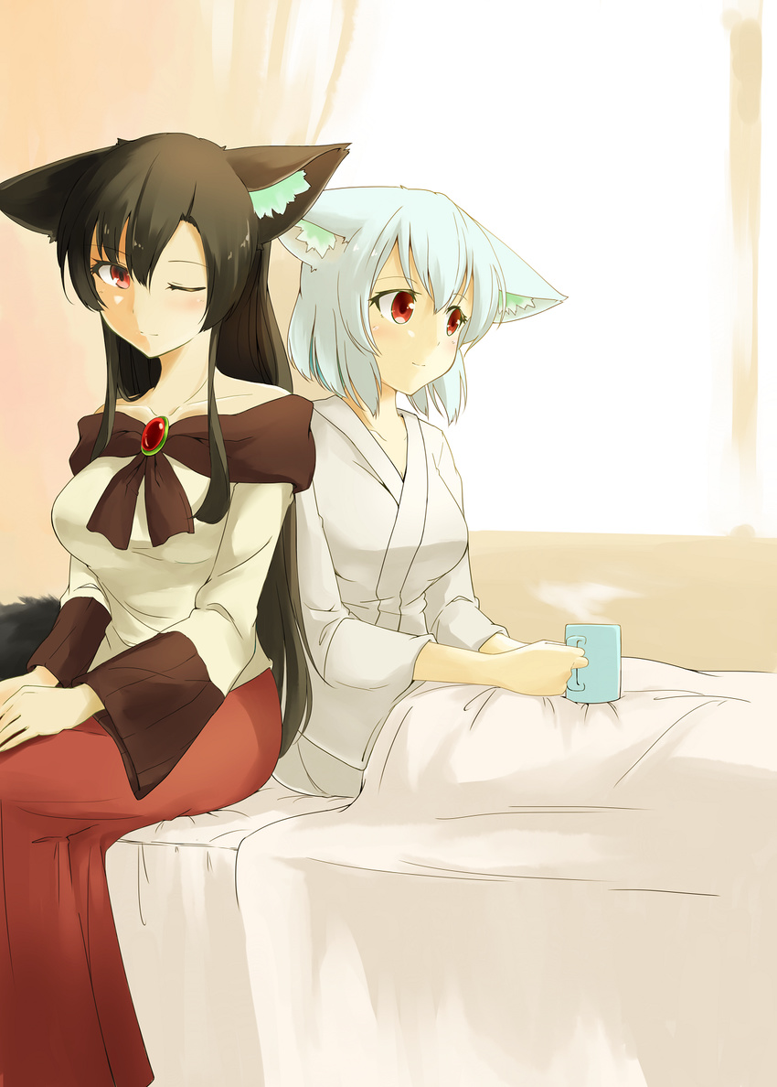 aino-san_(miximixi39) animal_ears bare_shoulders blush breasts brooch brown_hair cleavage coffee_mug collarbone cup dress flower highres imaizumi_kagerou inubashiri_momiji jewelry long_hair looking_away medium_breasts mug multiple_girls no_hat no_headwear on_bed one_eye_closed red_flower red_rose rose short_hair silver_hair sitting sitting_on_bed smile tail touhou wolf_ears wolf_tail