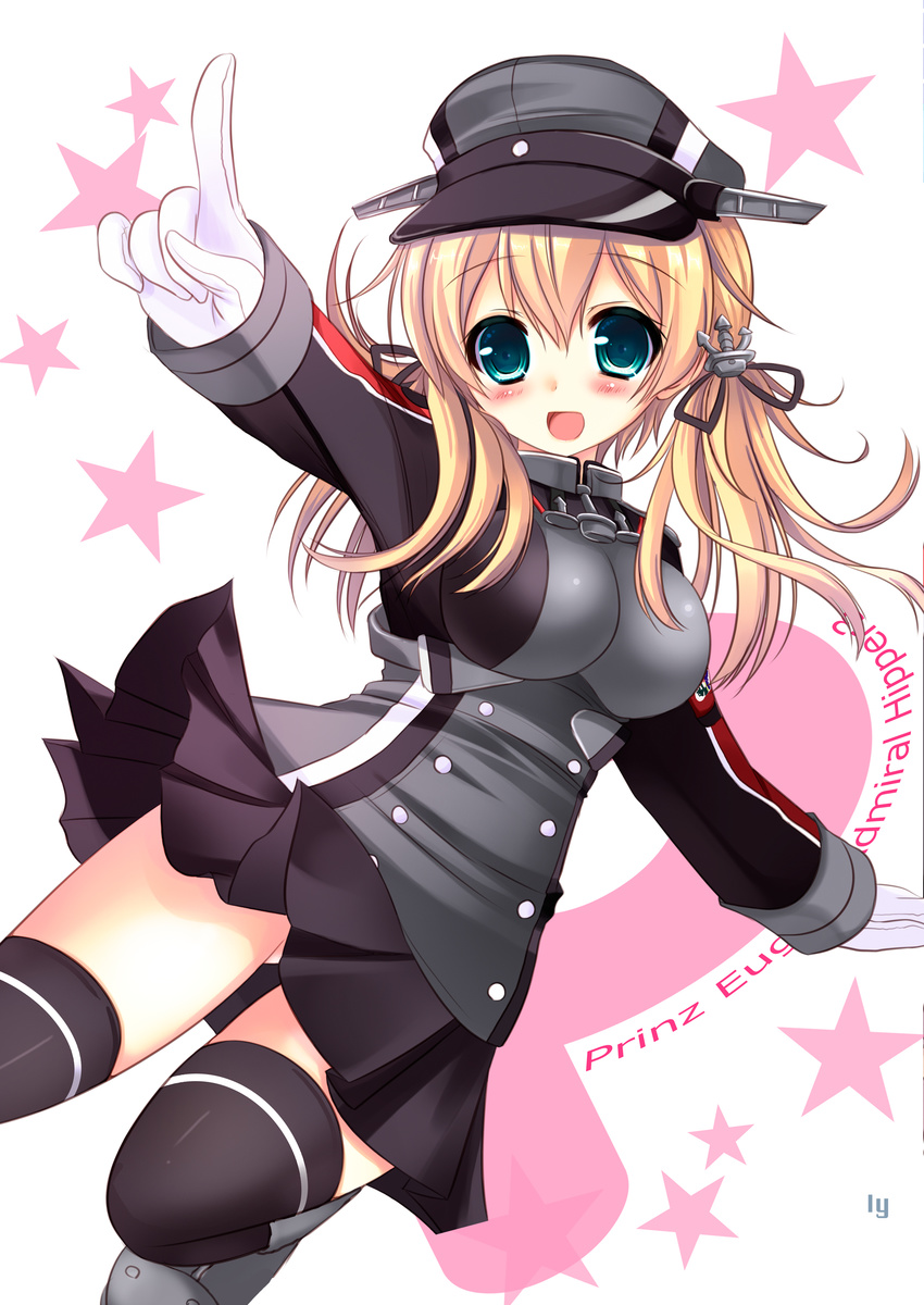 :d absurdres anchor_hair_ornament blonde_hair bow dutch_angle gloves green_eyes hair_bow hair_ornament hair_ribbon hat highres kantai_collection long_hair looking_at_viewer md5_mismatch open_mouth peaked_cap pointing prinz_eugen_(kantai_collection) ribbon smile solo standing standing_on_one_leg twintails white_gloves yuutsuki_hina