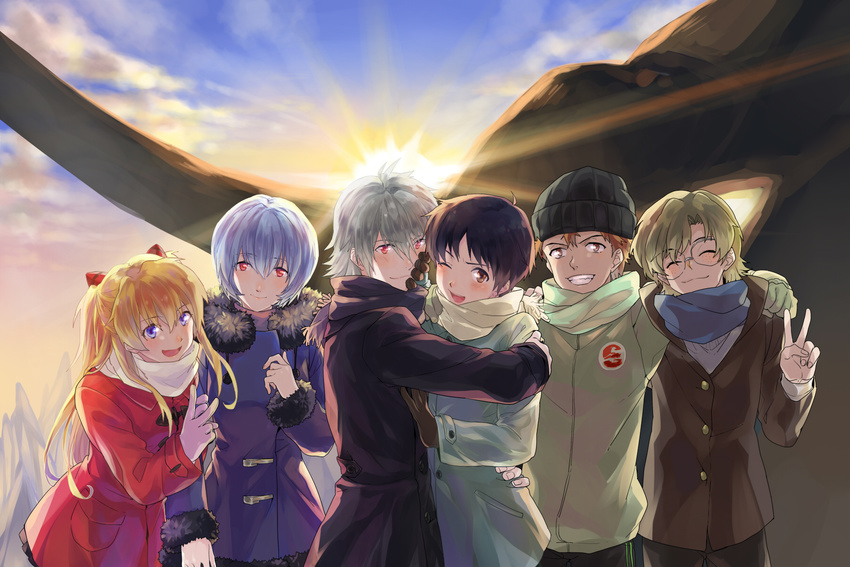 4boys aida_kensuke ayanami_rei beanie blue_eyes blue_hair blush brown_hair closed_eyes coat fur_trim gloves grey_hair group_picture hair_ornament hat highres hug hun_(endlesslovehikaru) ikari_shinji long_hair multiple_boys multiple_girls nagisa_kaworu neon_genesis_evangelion orange_hair red_eyes scarf short_hair souryuu_asuka_langley suzuhara_touji v