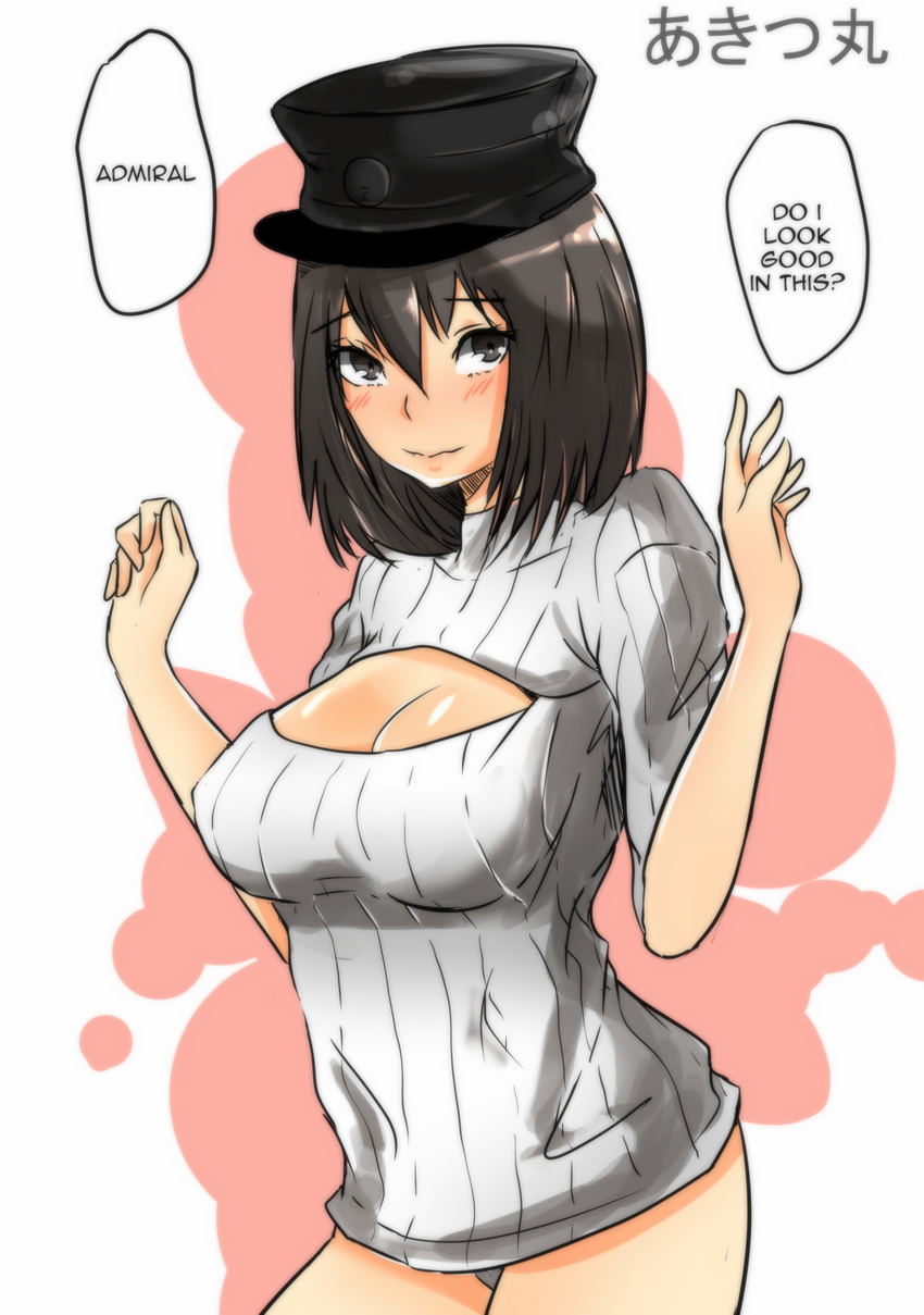 akitsu_maru_(kantai_collection) black_eyes black_hair blush breasts cleavage cleavage_cutout english hat highres kantai_collection large_breasts looking_at_viewer meme_attire norman_maggot open-chest_sweater reverse_translation ribbed_sweater short_hair solo sweater