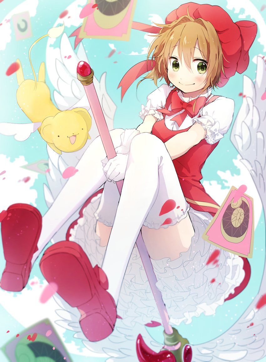 aqua_background brown_hair cardcaptor_sakura clow_card creature frills full_body fuuin_no_tsue green_eyes hat highres kero kinomoto_sakura magical_girl pecchii petals red_hat shoes short_hair smile thighhighs white_legwear wings zettai_ryouiki