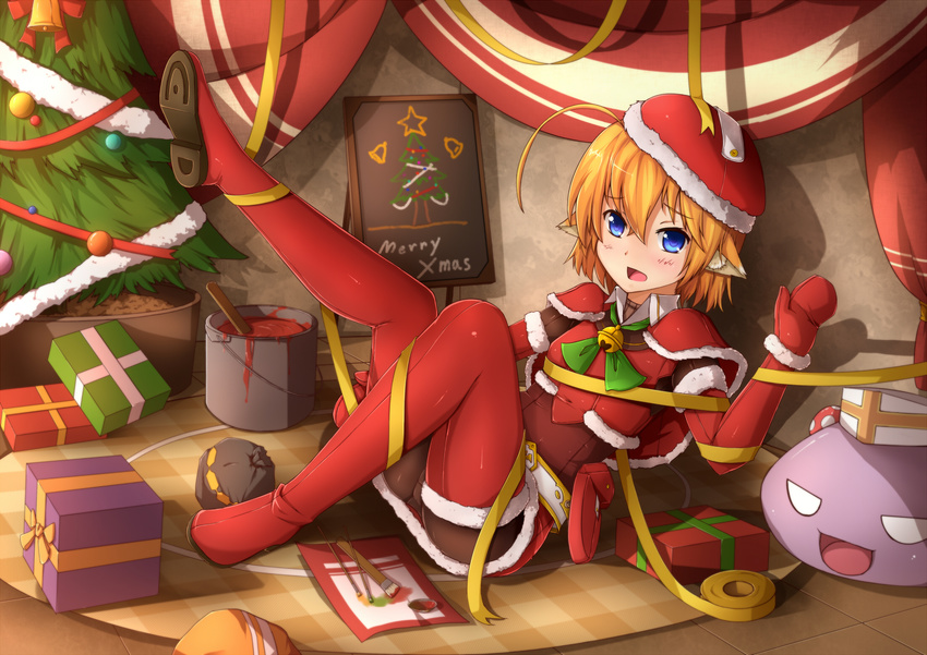 animal_ears blonde_hair blue_eyes blush christmas christmas_tree highres kaiyi merry_christmas mittens open_mouth original ribbon santa_costume short_hair solo