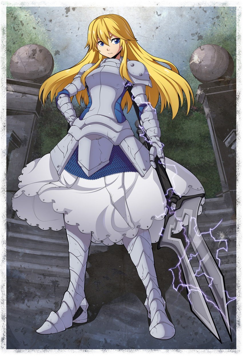 absurdres armor armored_dress blue_eyes border borrowed_character breastplate electricity faulds full_armor full_body gauntlets greaves hand_on_hip highres long_hair original pauldrons polearm serious solo spear spike_wible standing weapon