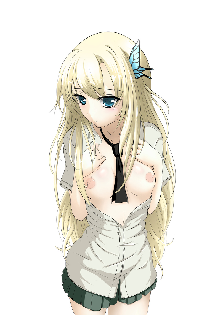 akkiyniyan alternate_breast_size bad_id bad_pixiv_id blonde_hair blue_eyes boku_wa_tomodachi_ga_sukunai breasts breasts_outside butterfly_hair_ornament hair_ornament highres kashiwazaki_sena long_hair medium_breasts nipples solo