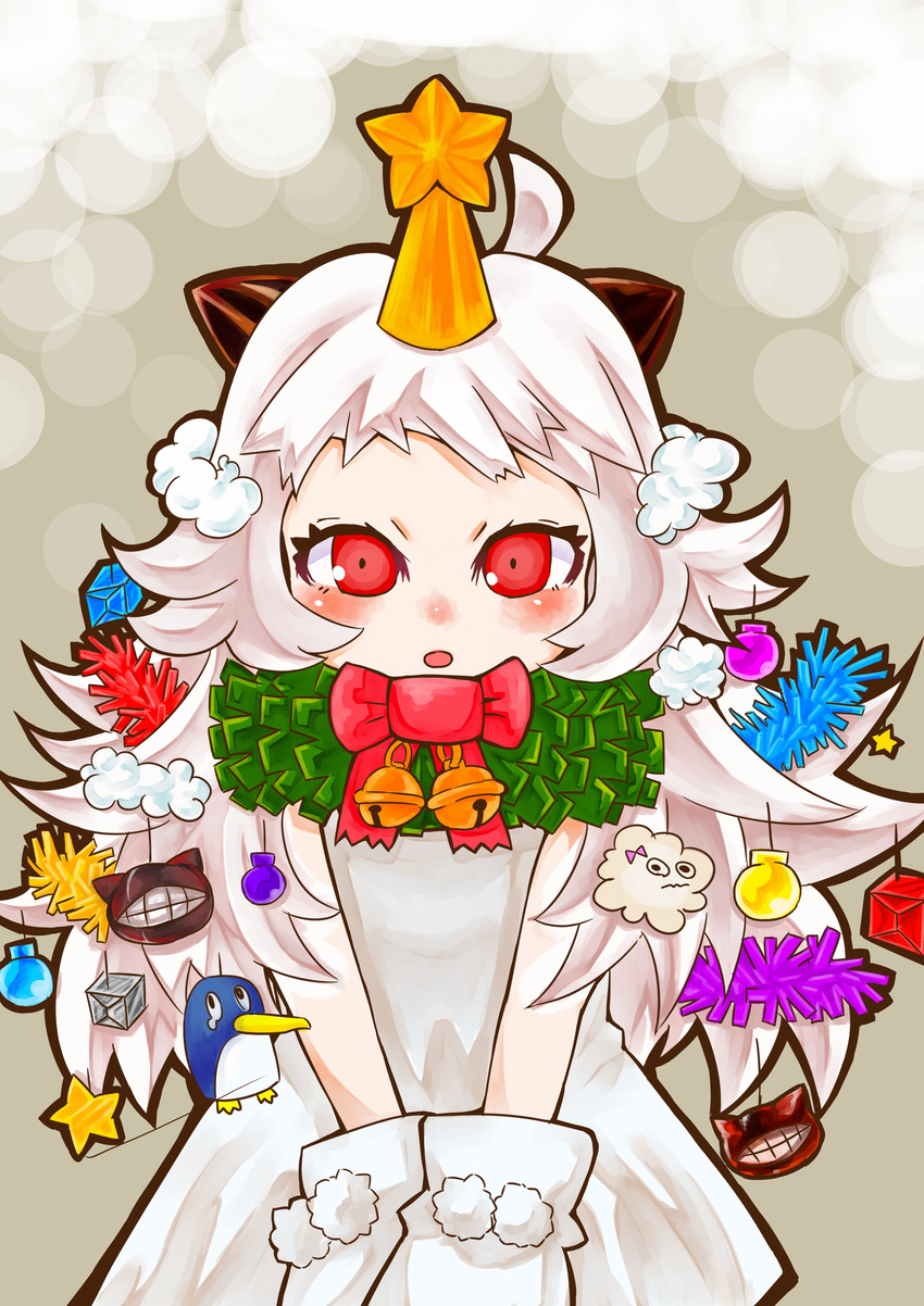 1girl absurdres abyssal_ship ahoge chixida christmas christmas_ornaments christmas_tree_costume colored_skin commentary_request dress failure_penguin hair_ornament highres horns kantai_collection long_hair looking_at_viewer miss_cloud mittens northern_ocean_princess open_mouth pale_skin red_eyes solo v_arms white_dress white_hair white_skin