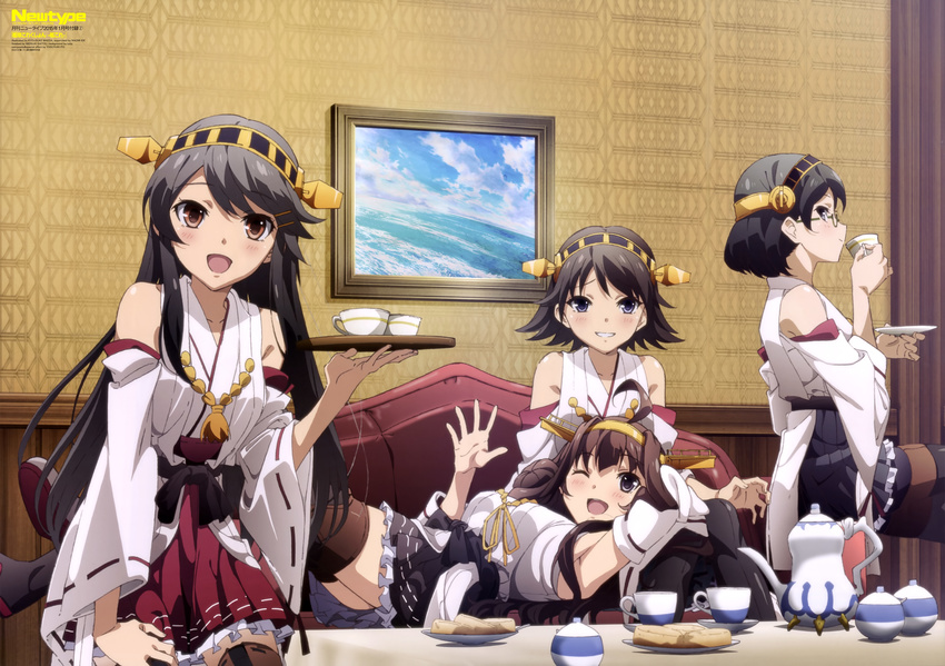 :d ;d absurdres ahoge armpits asymmetrical_bangs bangs bare_shoulders black_hair brown_eyes brown_hair cookie couch cup detached_sleeves drinking food glasses grey_eyes grin hair_bun hair_ornament hairclip hakama_skirt haruna_(kantai_collection) headgear hiei_(kantai_collection) highres indoors kantai_collection kirishima_(kantai_collection) kongou_(kantai_collection) lap_pillow long_hair looking_at_viewer looking_back maeda_kyousuke multiple_girls newtype nontraditional_miko official_art one_eye_closed open_mouth pantyhose picture_(object) pleated_skirt purple_eyes reclining sash short_hair sitting skirt smile tea teacup teapot thighhighs tray wainscoting waving wide_sleeves