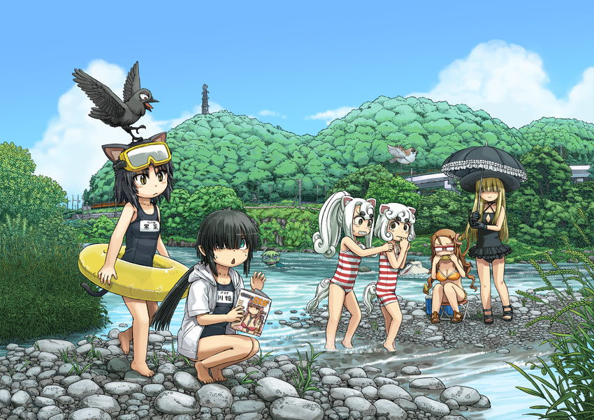 6+girls animal_ears barefoot bikini bird black_hair blonde_hair cat_ears cat_tail corn cover cover_page crow eurasian_tree_sparrow eyebrows glasses goggles goggles_on_head ground_vehicle hair_over_eyes hat highres ike_(altitude_attitude) innertube jorogumo_(neko_musume_michikusa_nikki) kappa kappa_(neko_musume_michikusa_nikki) kawahime koma_(neko_musume_michikusa_nikki) komainu kurona_(neko_musume_michikusa_nikki) kutchii multiple_girls neko_musume_michikusa_nikki official_art parasol river school_swimsuit shishimaru_(neko_musume_michikusa_nikki) sparrow squatting striped striped_swimsuit sun_hat swimsuit tail tengu_(neko_musume_michikusa_nikki) train umbrella white_hair