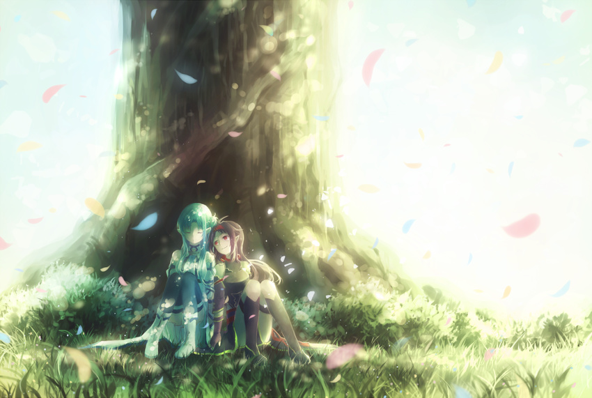 asuna_(sao) asuna_(sao-alo) bad_id bad_pixiv_id bloom blue_hair closed_eyes detached_sleeves domik grass headband leaf leaning_on_person light_particles long_hair multiple_girls pointy_ears purple_hair red_eyes sitting sleeping smile sunlight sword_art_online tree yuuki_(sao)