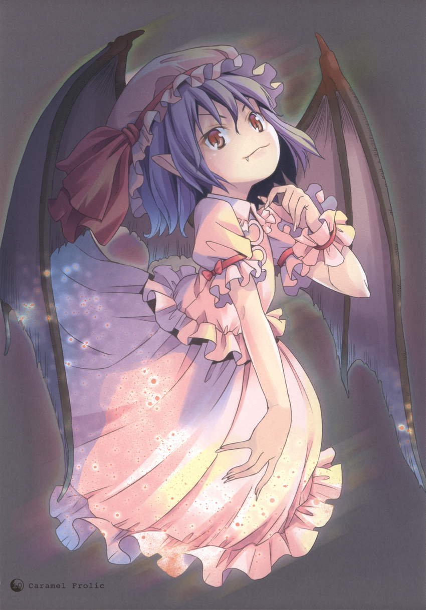 :3 absurdres bat_wings blood fang frills grey_background hat hat_ribbon highres lavender_hair looking_at_viewer mob_cap pointy_ears pop puffy_sleeves red_eyes remilia_scarlet ribbon scan shirt short_hair short_sleeves simple_background skirt skirt_set smile solo touhou v-shaped_eyebrows vest wings wrist_cuffs