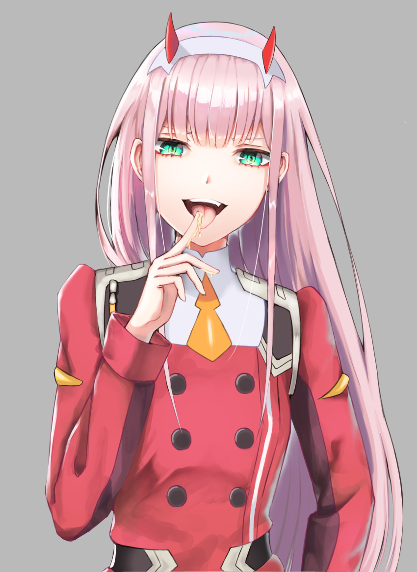 :d absurdres darling_in_the_franxx finger_to_mouth green_eyes grey_background hairband highres horns index_finger_raised jacket kokose long_hair long_sleeves looking_at_viewer military_jacket multiple_girls necktie open_mouth orange_neckwear pink_hair red_jacket shiny shiny_hair short_necktie simple_background smile solo tongue tongue_out upper_body very_long_hair white_hairband zero_two_(darling_in_the_franxx)