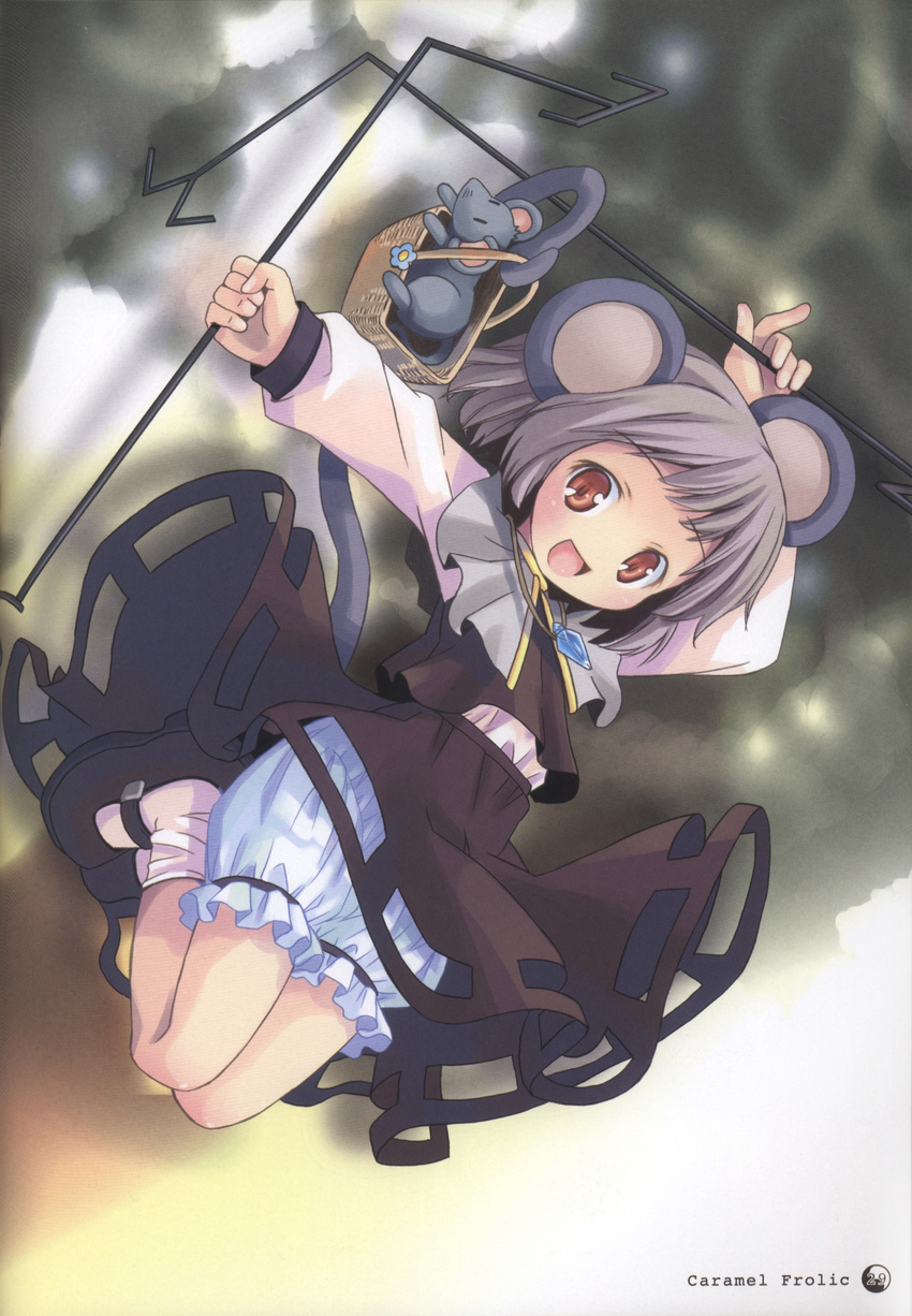 absurdres animal animal_ears arm_up basket bloomers capelet dowsing_rod full_body grey_hair highres jewelry jumping long_sleeves mary_janes mouse mouse_ears mouse_tail nazrin necklace open_mouth outstretched_arms pop red_eyes scan shirt shoes short_hair simple_background skirt skirt_set smile socks solo tail touhou underwear vest white_legwear