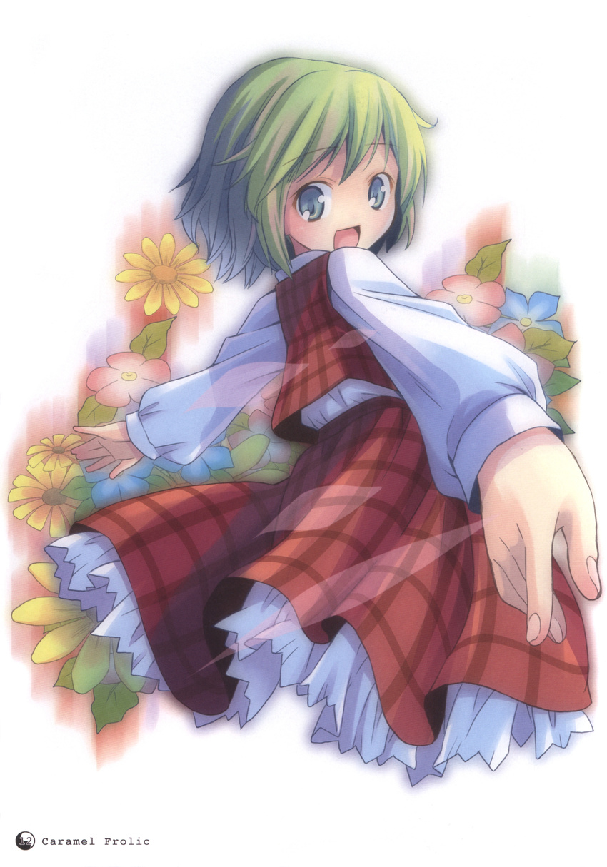 absurdres alternate_eye_color back blue_eyes flower green_hair highres kazami_yuuka long_sleeves looking_at_viewer looking_back open_mouth plaid plaid_skirt plaid_vest pop scan shirt short_hair simple_background skirt skirt_set smile solo touhou vest white_background