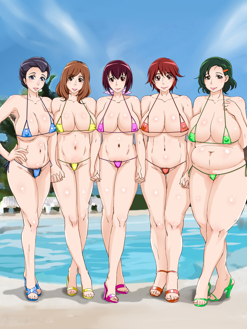 aoki_shizuko armpit armpit_hair armpits bikini blush breasts cloud clouds hamasei hand_holding high_heels highres hino_masako hoshizora_ikuyo kise_chiharu large_breasts lineup lipstick looking_at_viewer makeup midorikawa_tomoko milf multiple_girls outdoors plump pool precure pubic_hair shaved_pussy side-tie_bikini sky smile smile_precure! standing swimsuit tetsukui thigh_gap water