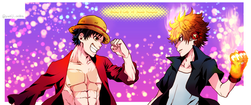 2boys crossover hat headphones katekyo_hitman_reborn! long_sleeves monkey_d_luffy multiple_boys one_piece open_shirt red_shirt sawada_tsunayoshi scar shirt smile straw_hat