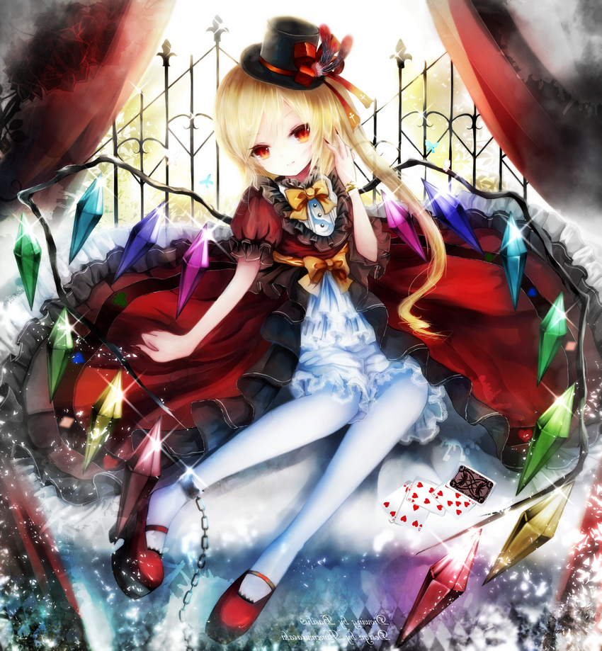 alternate_costume bad_id bad_pixiv_id basilis9 black_dress blonde_hair bow bracelet card chain cuffs curtains dress fingernails flandre_scarlet hat highres jewelry layered_dress light_smile long_fingernails nail_polish pantyhose playing_card puffy_short_sleeves puffy_sleeves red_eyes red_nails sash shackles short_sleeves side_ponytail sitting solo top_hat touhou white_dress white_legwear wings