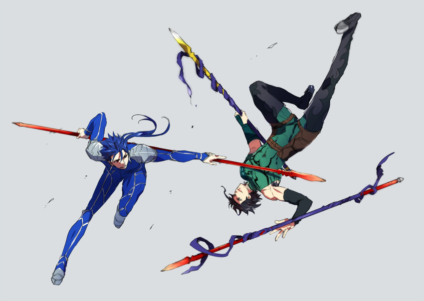 black_hair fate/zero fate_(series) gae_bolg gae_buidhe gae_dearg lancer lancer_(fate/zero) multiple_boys nakagawa_waka polearm spear weapon