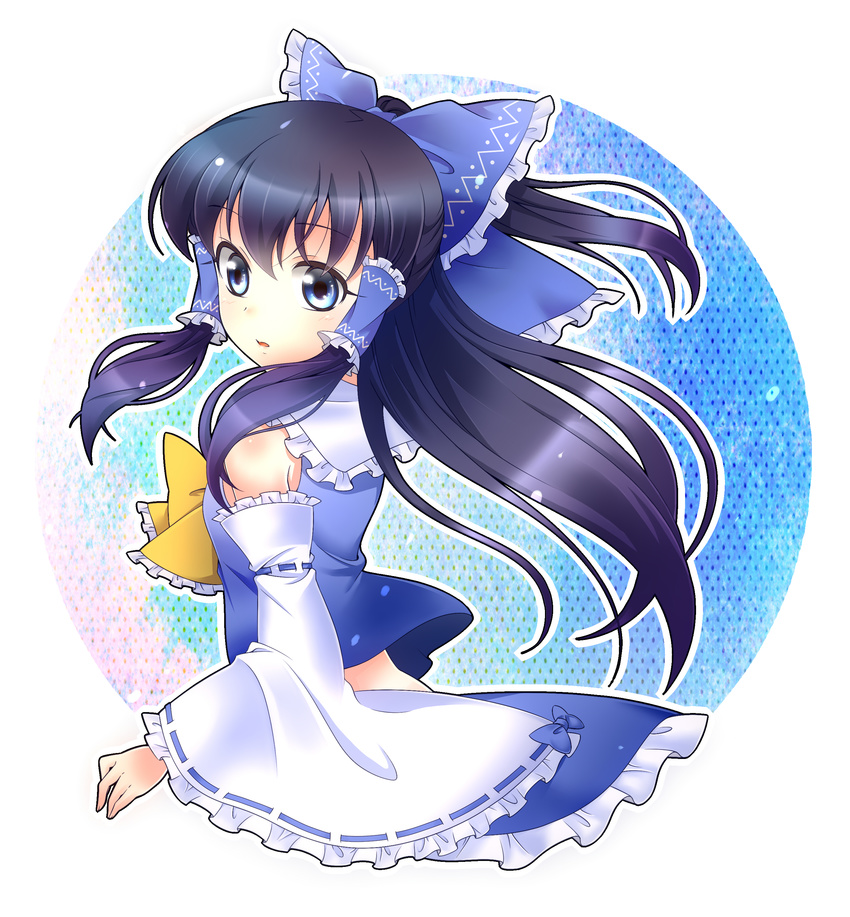 absurdres alternate_color ascot black_hair blue_eyes blush bow colorized detached_sleeves frilled_skirt frilled_sleeves frills hair_bow hair_ribbon hair_tubes hakurei_reimu haruki_(colorful_macaron) highres large_bow long_hair looking_at_viewer looking_back no_legs open_mouth parted_lips player_2 ribbon ribbon-trimmed_sleeves ribbon_trim sidelocks skirt solo torizaki_kuyuri touhou white_sleeves