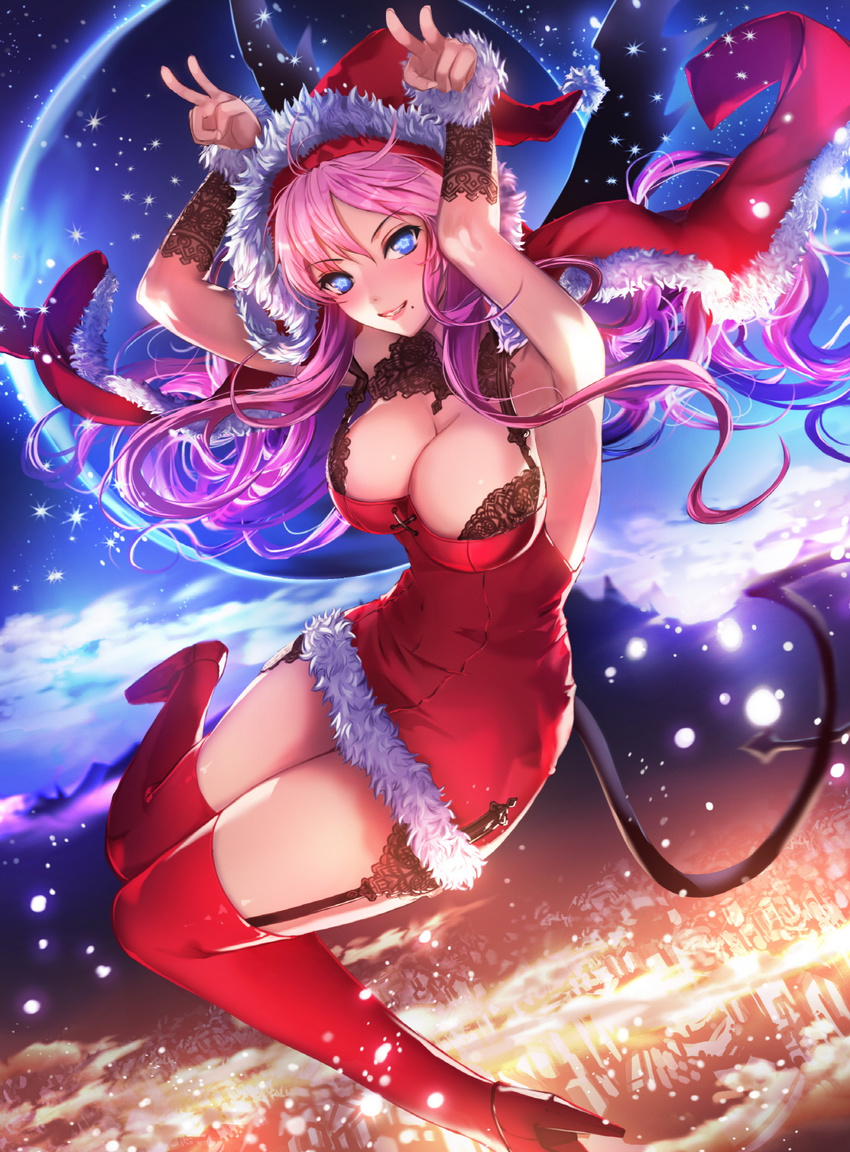 a-line armpits arms_up bangs black_bra blue_eyes blush bra breasts cape christmas cityscape cleavage cloud cross-laced_clothes demon_girl demon_tail demon_wings detached_collar detached_sleeves double_v dress dutch_angle floating_hair flying from_side full_body full_moon fur_trim garter_straps glowing hat high_heels highres lace lace-trimmed_bra large_breasts lingerie long_hair looking_at_viewer mole mole_under_mouth moon moonlight mountain night night_sky original outdoors parted_bangs pink_hair red_dress red_legwear santa_costume santa_hat short_dress sky smile snowing sparkle star star-shaped_pupils strap_gap strap_slip strapless strapless_dress symbol-shaped_pupils tail thighhighs underwear v very_long_hair wings zettai_ryouiki