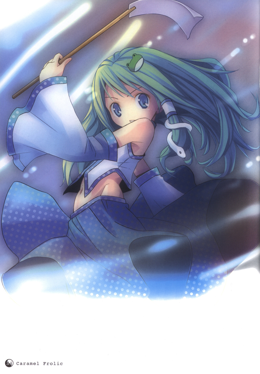 absurdres armpits blue_eyes detached_sleeves frog_hair_ornament gohei green_hair hair_ornament hair_tubes highres japanese_clothes kochiya_sanae light_particles long_hair long_sleeves looking_at_viewer midriff miko navel pop scan shirt skirt skirt_set snake_hair_ornament solo touhou vest wide_sleeves