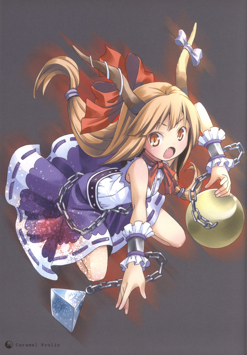 absurdres belt chain fang grey_background hair_ornament hair_ribbon highres horn_ribbon horns ibuki_suika long_hair looking_at_viewer open_mouth orange_hair pop ribbon scan shirt simple_background skirt skirt_set sleeveless solo touhou vest wrist_cuffs