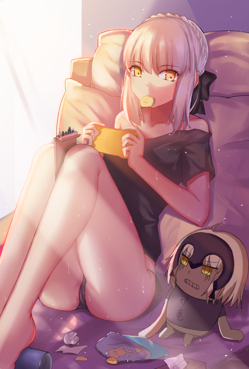 1girl artoria_pendragon_(all) bed_sheet black_bow black_panties black_shirt blonde_hair bow braided_bun collarbone dust_particles fate/stay_night fate_(series) hair_bow headpiece highres holding indoors jeanne_d'arc_(alter)_(fate) jeanne_d'arc_(fate)_(all) looking_at_viewer mouth_hold off-shoulder_shirt off_shoulder panties pillow saber_alter shirt short_hair_with_long_locks short_sleeves sidelocks sitting solo underwear xue_fengzi yellow_eyes