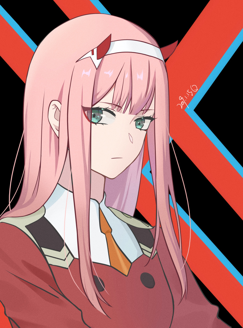 1girl 2019 absurdres darling_in_the_franxx dated green_eyes hairband highres horns jacket kuooooaiq long_hair looking_at_viewer military_jacket necktie orange_neckwear pink_hair portrait red_jacket short_necktie solo white_hairband zero_two_(darling_in_the_franxx)