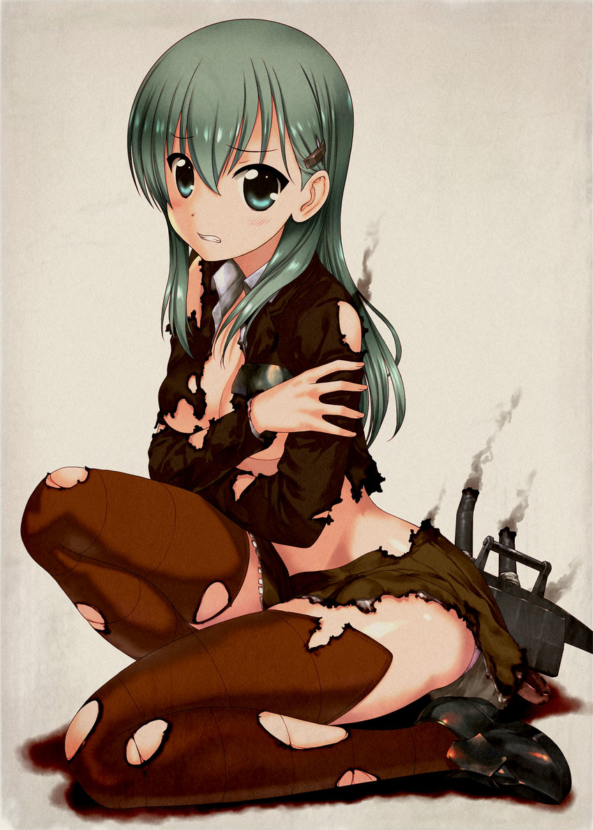 beige_background blue_eyes breasts brown_legwear burnt_clothes cannon cleavage clenched_teeth full_body green_hair hair_ornament hairclip hechi highres kantai_collection kneeling long_hair long_sleeves looking_at_viewer machinery medium_breasts no_bra panties pantyshot pink_panties school_uniform shirt simple_background skirt solo suzuya_(kantai_collection) teeth thighhighs torn_clothes torn_legwear torn_shirt torn_skirt underboob underwear