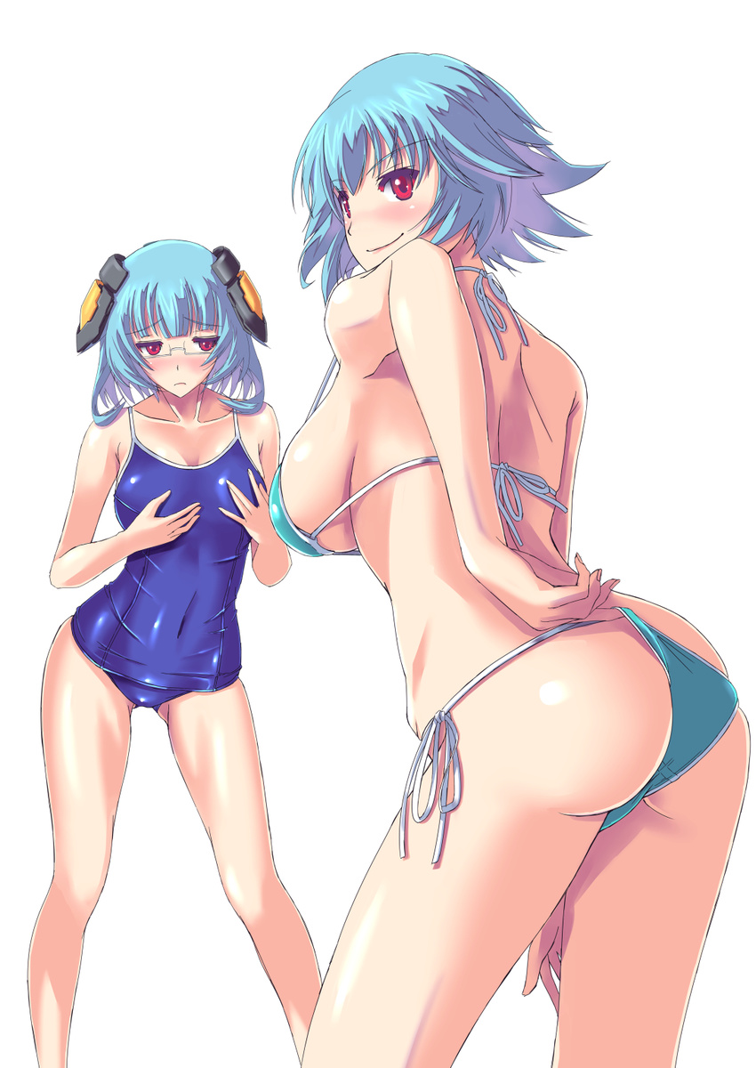 adjusting_clothes adjusting_swimsuit aqua_bikini ass bikini blue_hair blush breast_envy breasts collarbone competition_school_swimsuit covered_navel cowboy_shot from_behind glasses headgear highres infinite_stratos large_breasts looking_at_viewer multiple_girls nenchi one-piece_swimsuit red_eyes sarashiki_kanzashi sarashiki_tatenashi school_swimsuit semi-rimless_eyewear short_hair siblings side-tie_bikini sideboob simple_background sisters smile swimsuit under-rim_eyewear white_background