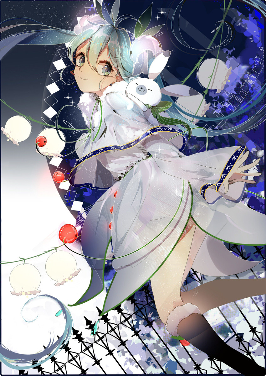 animal animal_on_shoulder boots bunny flower green_eyes green_hair hatsune_miku highres knee_boots long_hair rmm snowdrop_(flower) twintails very_long_hair vocaloid yuki_miku yukine_(vocaloid)