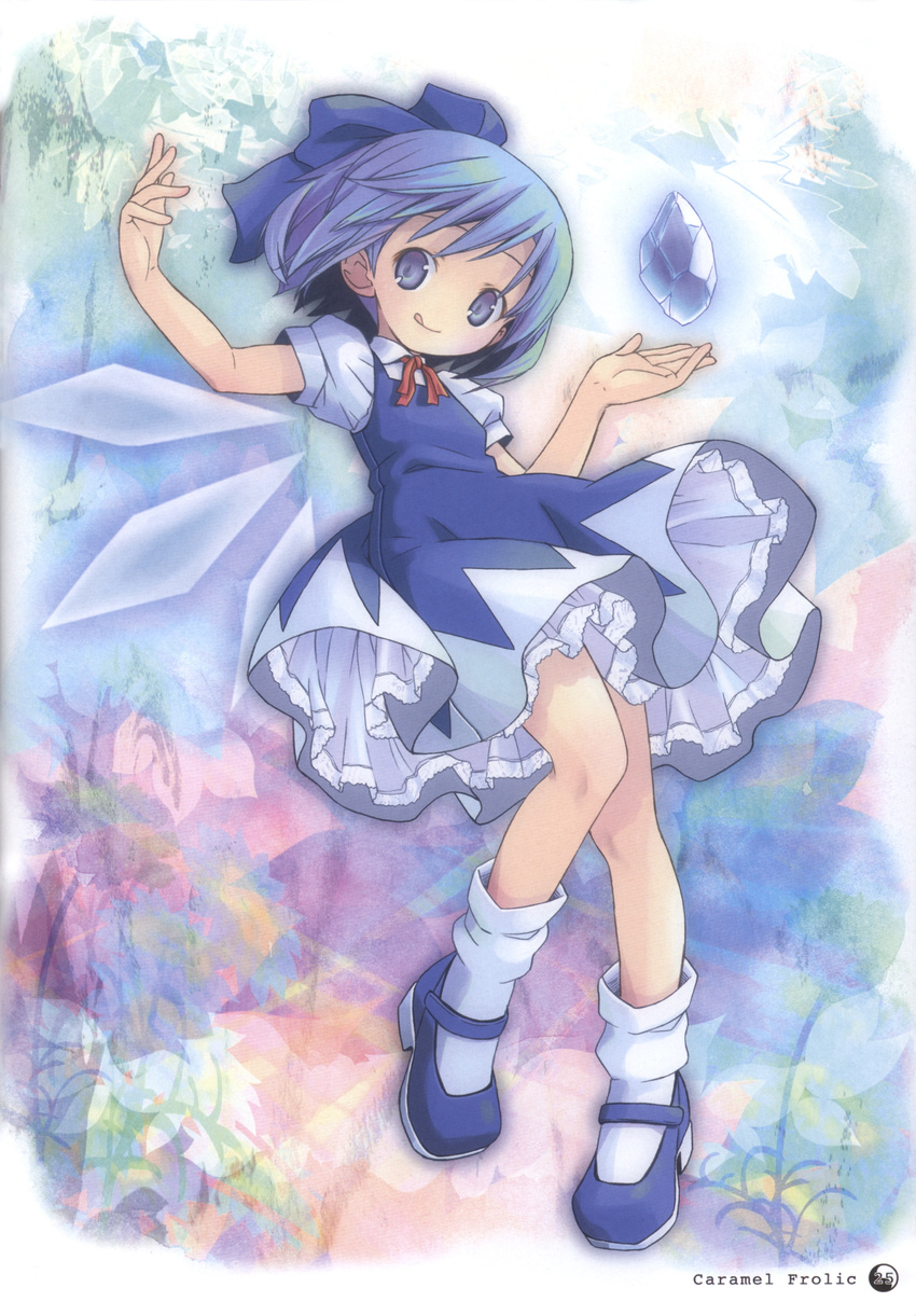 :q absurdres blue_dress blue_eyes blue_hair bow cirno dress fairy full_body hair_ornament hair_ribbon highres ice ice_wings looking_at_viewer mary_janes pop puffy_sleeves ribbon scan shoes short_sleeves smile socks solo tongue tongue_out touhou white_legwear wings