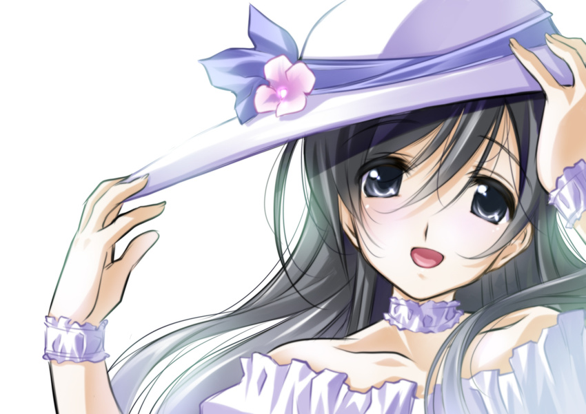 :d adjusting_clothes adjusting_hat black_eyes black_hair choker dress flower girls_und_panzer hat hat_flower hat_ribbon isuzu_hana long_hair looking_at_viewer open_mouth ribbon senomoto_hisashi smile solo standing sun_hat white_background white_dress wristband