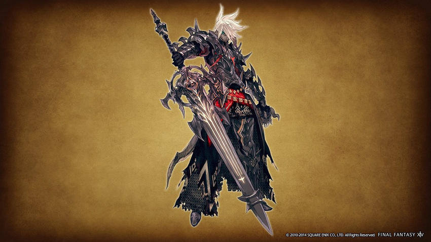 armor au_ra dark_knight final_fantasy final_fantasy_xiv monster_boy official_art spikes sword tail weapon