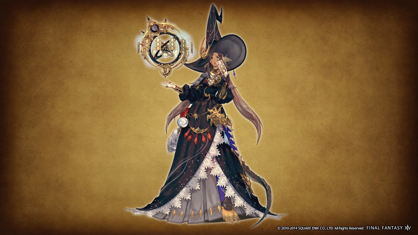 animal_ears astrologian_(final_fantasy) au_ra card crystal_ball dress final_fantasy final_fantasy_xiv hat official_art solo tail witch_hat