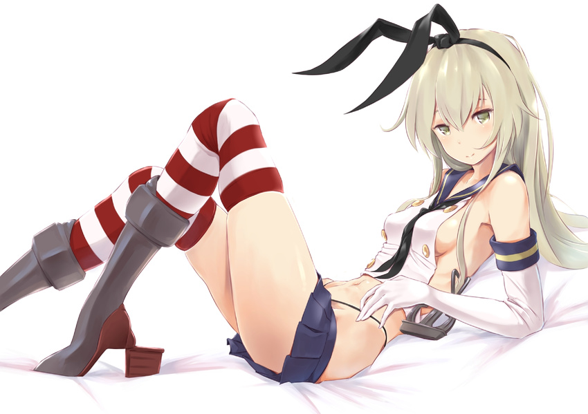 anchor_hair_ornament black_panties blonde_hair blush boots breasts elbow_gloves gloves grey_footwear hair_ornament hairband highleg highleg_panties highres kantai_collection long_hair looking_at_viewer navel panties shimakaze_(kantai_collection) sideboob skirt small_breasts solo striped striped_legwear thighhighs underwear wa_(genryusui) white_gloves yellow_eyes