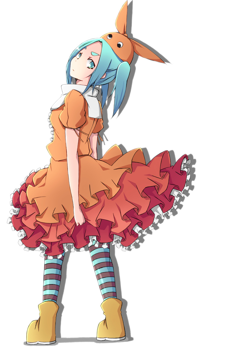 absurdres aqua_hair eyebrows green_eyes hat highres monogatari_(series) nisemonogatari ononoki_yotsugi pantyhose saiho short_hair striped striped_legwear twintails