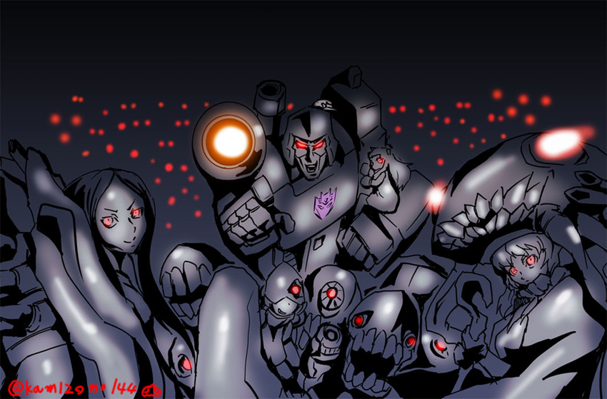 4girls :d ahoge cannon chi-class_torpedo_cruiser crossover decepticon glowing glowing_eyes hair_ornament holding i-class_destroyer insignia kamizono_(spookyhouse) kantai_collection long_hair mask mecha megatron mittens monster mouth multiple_girls northern_ocean_hime open_mouth partially_colored pointing pointing_at_viewer red_eyes ru-class_battleship shinkaisei-kan smile staff teeth tentacles transformers twitter_username wo-class_aircraft_carrier