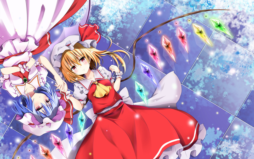 ascot bad_id bad_pixiv_id bat_wings blonde_hair blue_hair brooch cloud dress flandre_scarlet glowing glowing_wings hat hat_ribbon highres holding_hands hyurasan jewelry lying mob_cap multiple_girls on_back pink_dress puffy_short_sleeves puffy_sleeves red_dress red_eyes reflection reflective_floor remilia_scarlet ribbon sash shirt short_sleeves siblings side_ponytail sisters sky snowing tile_floor tiles touhou upside-down wings wrist_cuffs