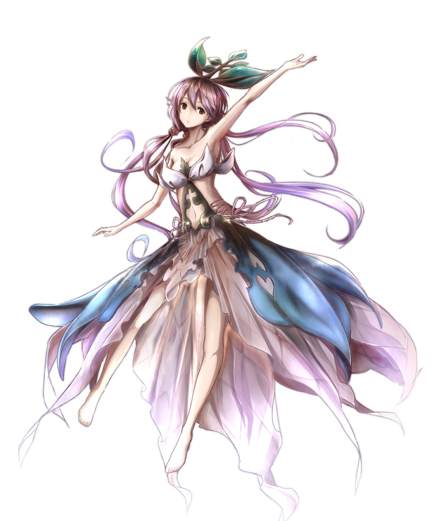 amage_kanade arm_up armpits bad_id bad_pixiv_id bangs bare_legs bare_shoulders barefoot breasts brown_eyes cleavage cross-laced_clothes dress feet flower full_body granblue_fantasy hair_between_eyes hair_flower hair_ornament heart heart_print highres leaf leaf_on_head legs long_hair looking_at_viewer low_twintails medium_breasts navel navel_cutout plant_girl purple_hair simple_background solo standing twintails very_long_hair white_background yggdrasil_(granblue_fantasy)