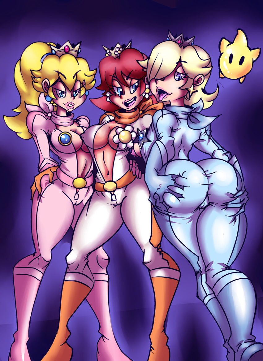 3girls artist_request ass ass_grab biker_clothes bikesuit blonde_hair blue_eyes bodysuit boots breasts brown_hair chiko_(mario) come_hither crown deep_skin earrings flower from_behind gloves hair_over_one_eye highres huge_ass huge_breasts jewelry large_breasts long_hair looking_at_viewer looking_back luma mario_(series) mario_kart mario_kart_wii multiple_girls naughty_face nintendo no_bra onat open_mouth ponytail princess_daisy princess_peach rosalina_(mario) rosetta_(mario) short_hair smile super_mario_bros. super_mario_galaxy super_mario_land tongue tongue_out