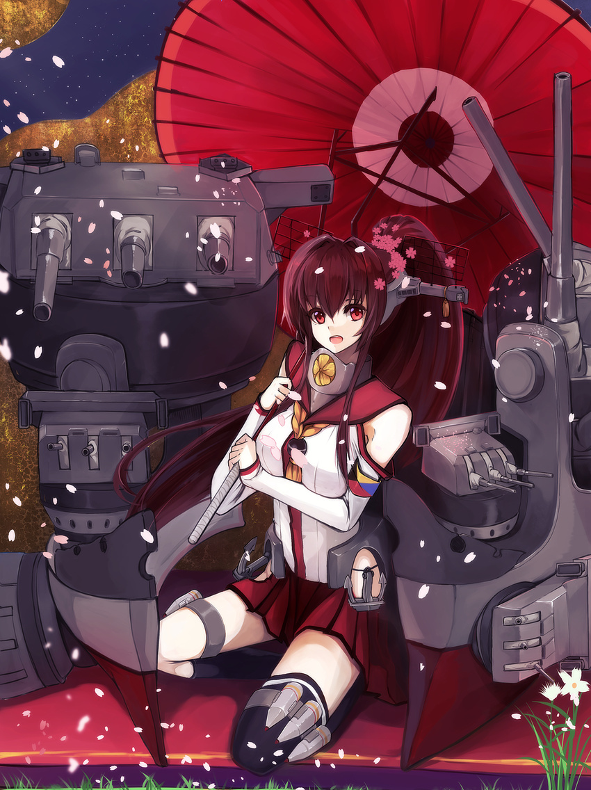:d anchor breasts brown_hair detached_sleeves flower head_tilt highres holding kantai_collection large_breasts long_hair looking_at_viewer machinery miniskirt open_mouth oriental_umbrella petals pleated_skirt ponytail red_eyes red_umbrella single_thighhigh sitting skirt smile solo thighhighs turret umbrella yamato_(kantai_collection) yuki_(nanao_yuki)