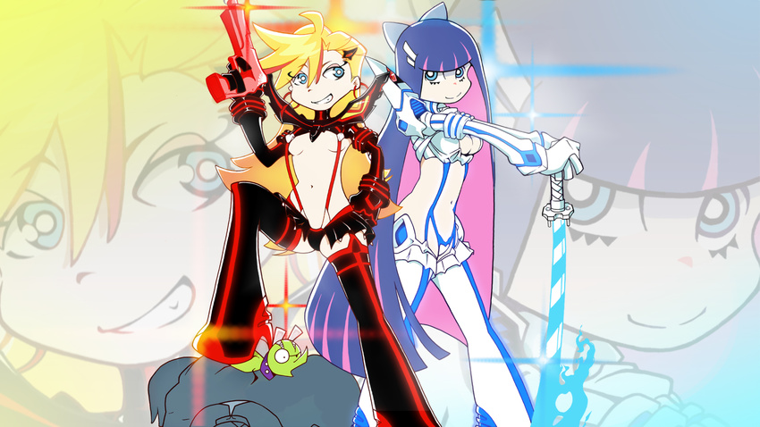 blonde_hair blue_eyes breasts chuck_(psg) cosplay creator_connection gun highres junketsu kill_la_kill left-handed long_hair medium_breasts midriff multicolored_hair multiple_girls navel panty_&amp;_stocking_with_garterbelt panty_(psg) senketsu short_hair small_breasts stocking_(psg) suspenders sword thighhighs two-tone_hair weapon