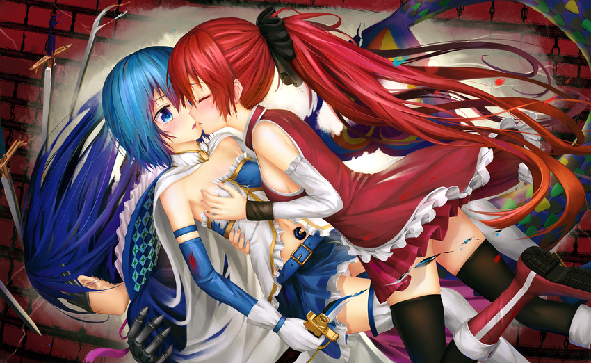 aki99 black_legwear blue_eyes blue_hair breast_grab cape gloves grabbing hair_ornament hairclip highres imminent_kiss indoors long_hair magical_girl mahou_shoujo_madoka_magica md5_mismatch miki_sayaka multiple_girls oktavia_von_seckendorff panties ponytail red_hair revision sakura_kyouko short_hair soul_gem spoilers sword tears thighhighs torn_clothes underwear weapon white_gloves white_legwear white_panties yuri