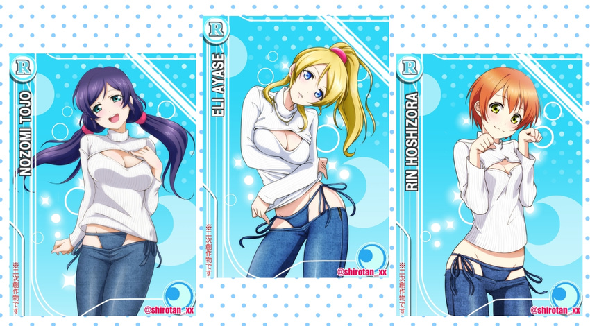 ayase_eli bikini_jeans blonde_hair blue_eyes card_(medium) card_parody cleavage_cutout denim green_eyes hoshizora_rin jeans long_hair love_live! love_live!_school_idol_project lowleg lowleg_pants meme_attire multiple_girls official_style open-chest_sweater orange_hair pants paw_pose ponytail purple_hair ribbed_sweater shiroyasha short_hair sweater toujou_nozomi twintails yellow_eyes