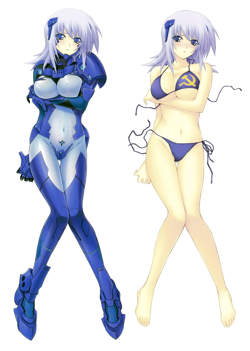 absurdres bare_shoulders barefoot bikini blue_bikini blush bodysuit breast_hold breasts cameltoe cleavage covered_navel covered_nipples cryska_barchenowa full_body hair_ornament hammer_and_sickle highres knees_together_feet_apart large_breasts lavender_eyes lavender_hair miyata_sou muvluv parted_lips pilot_suit scan side-tie_bikini simple_background solo swimsuit thigh_gap untied untied_bikini white_background